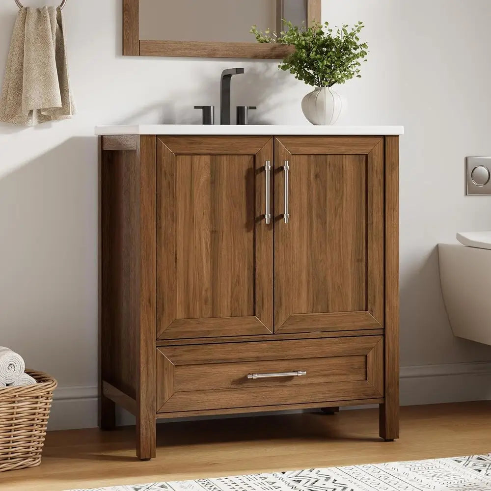 30-Inch Walnut Freestanding Bathroom Vanity with Sink – Wooden Vanity Cabinet with Soft-Close Doors & Drawer for Small Spaces
