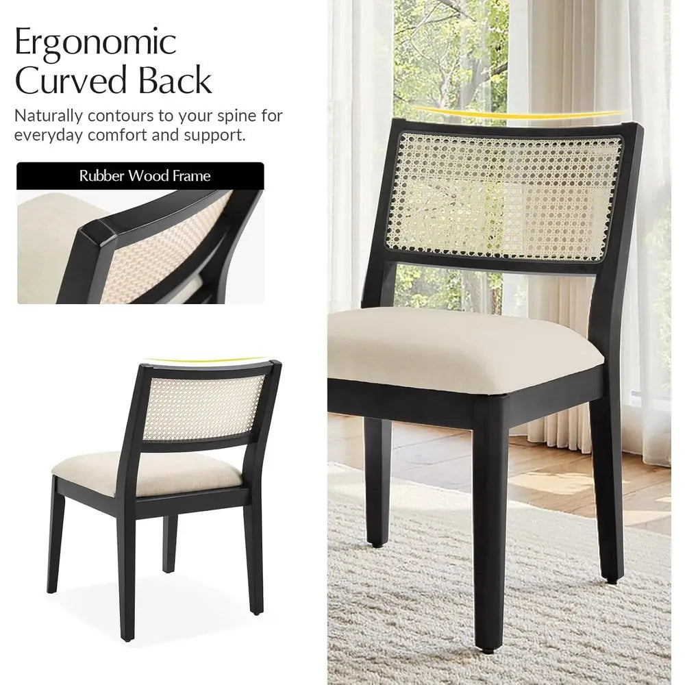 Upholstered Curved Back Rattan Dining Chairs Set of 2 – Black