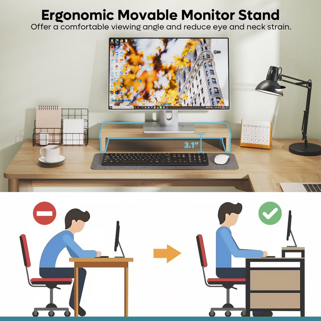 L Shaped Desk with Drawers, 55.7" X 55" Office Computer Desk with round Corners, Monitor Stand & Fluted Panels, Natural Oak
