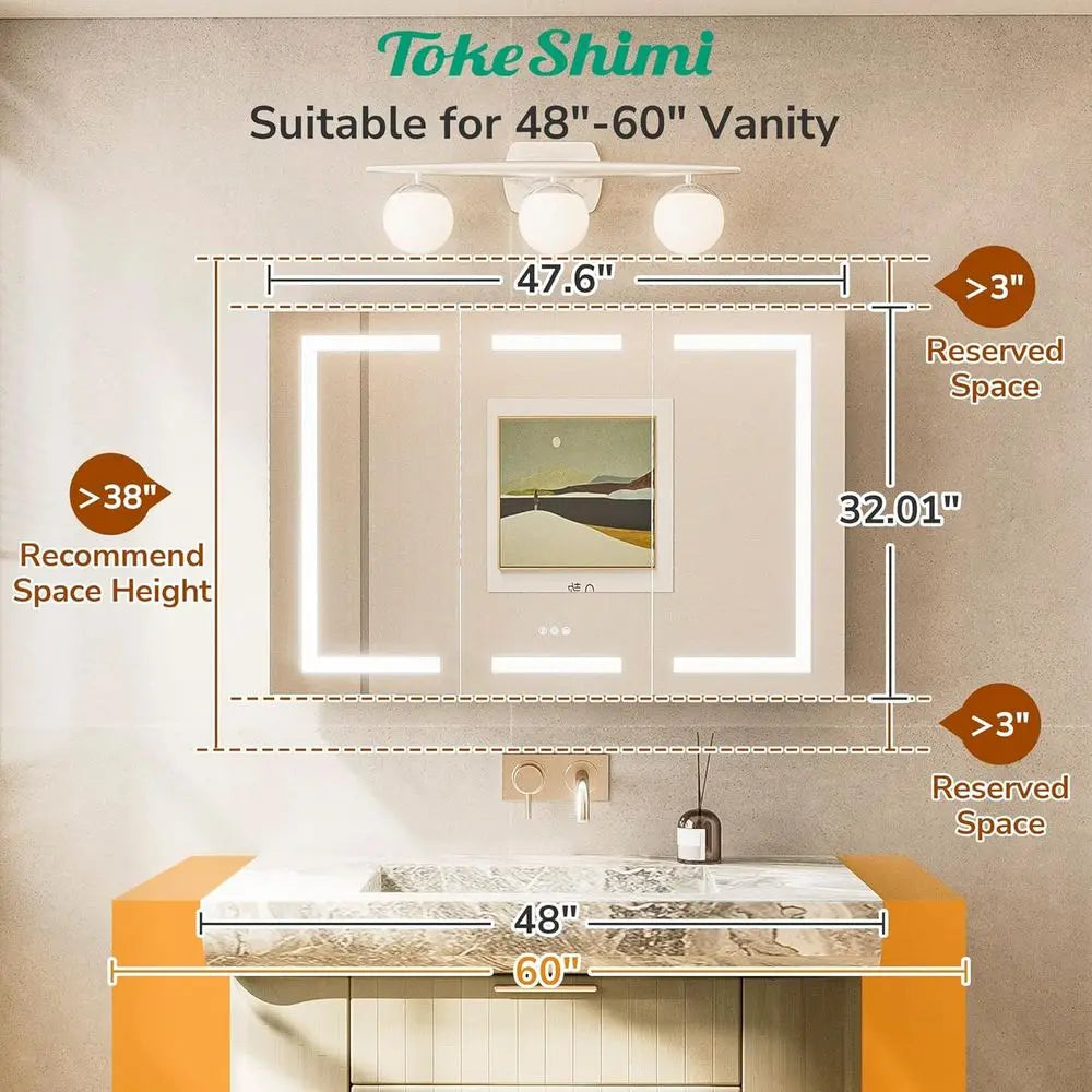 48 x 32 Inch LED Medicine Cabinet with Mirror – Frontlit Bathroom Vanity Cabinet with Adjustable Brightness, Built-In Outlets & Double-Sided Mirrors