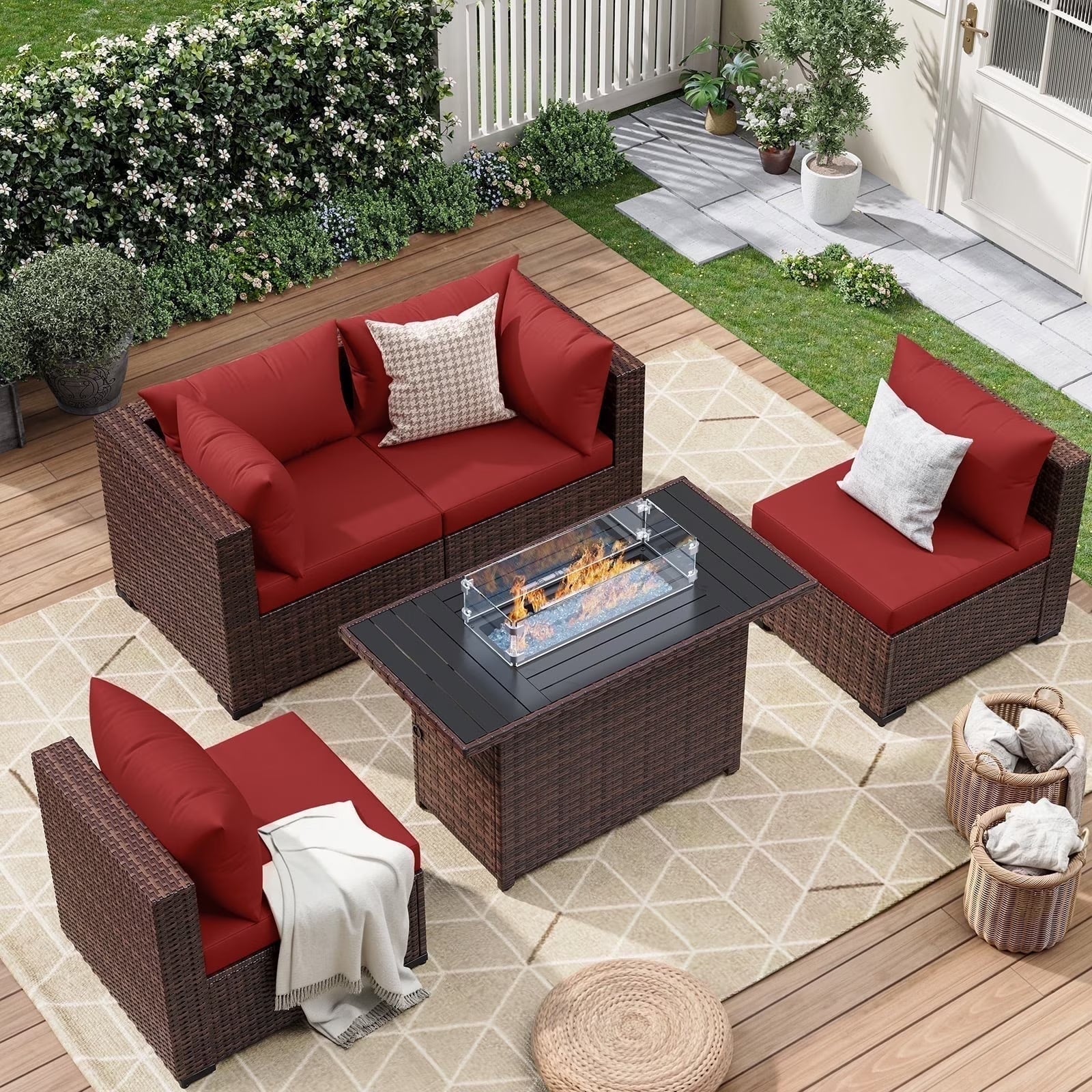 7 Pieces Patio Furniture Set All Weather Outdoor Sectional Sofa, Outdoor Modern Sectional Furniture Wicker Couch with Glass Coffee Table, Thicken Navy Blue Cushions, Water Resistant