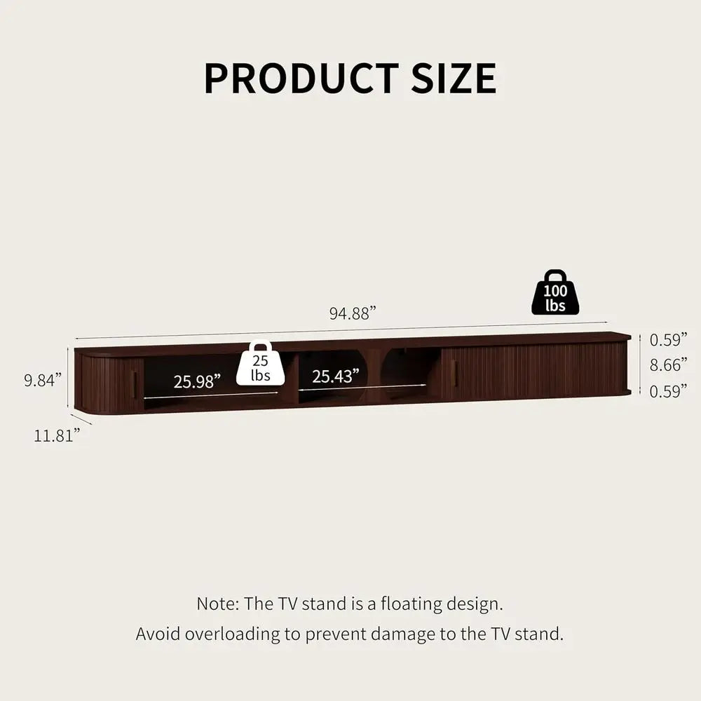Floating TV Stand with Power Outlet & RGB LED Lights – 94.8" Walnut Entertainment Center