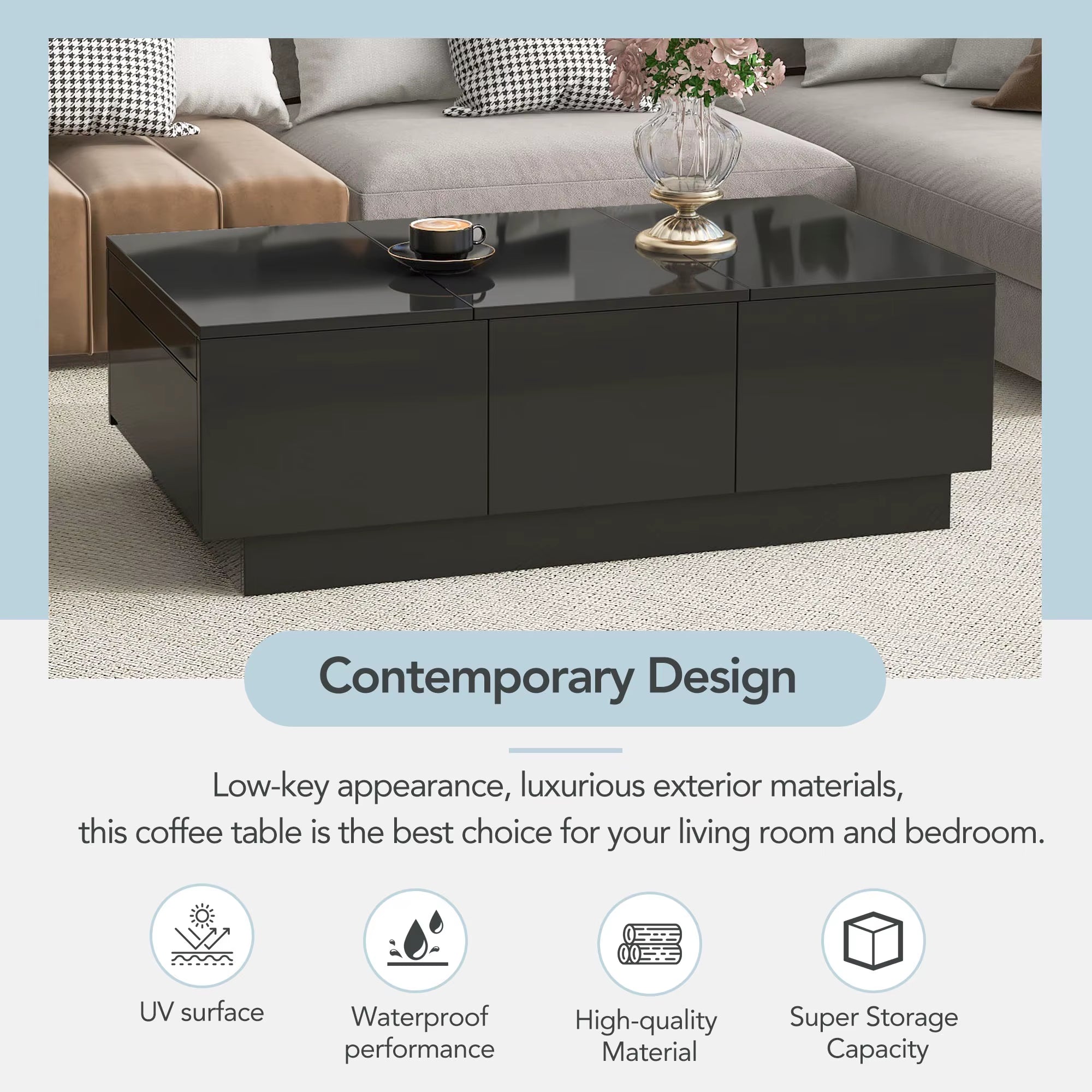 Modern High-Gloss Coffee Table – Extendable Sliding Top with Hidden Storage