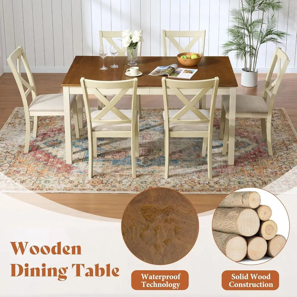 Solid Wood 7-Piece Dining Set with 6 Upholstered Chairs – 60-Inch Rustic Cream Farmhouse Dining Table Set