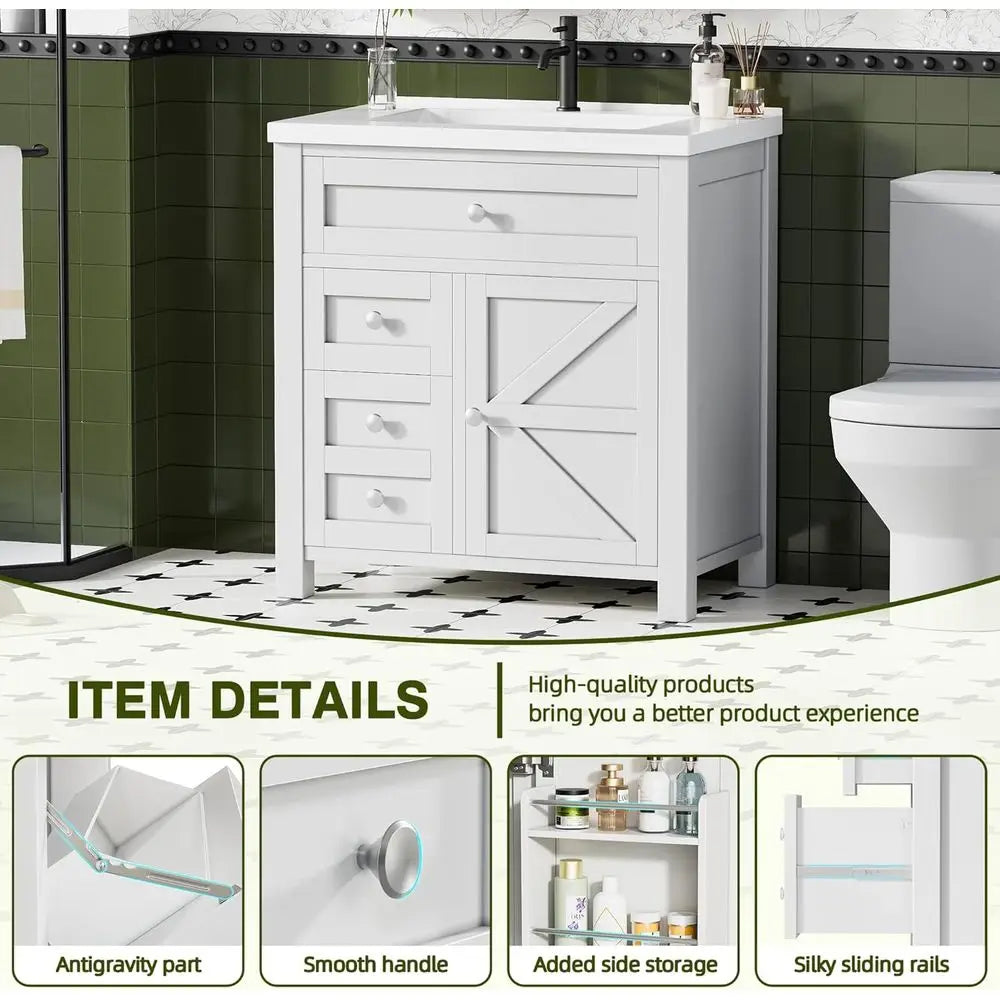 30-Inch Freestanding Bathroom Vanity with Single Sink – White Vanity with 2 Drawers, Drop-Down Drawer & Side Storage Cabinet