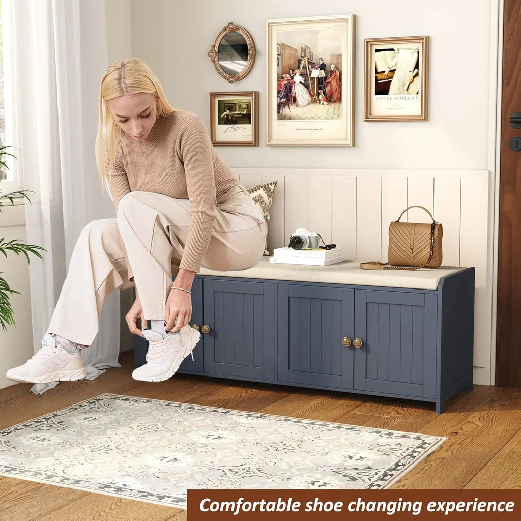 48.4" Shoe Storage Bench with Cushion, Entryway Bench with Paddded Seat, 2-Tier Shoe Cabinet Bench with Adjustable, Customized