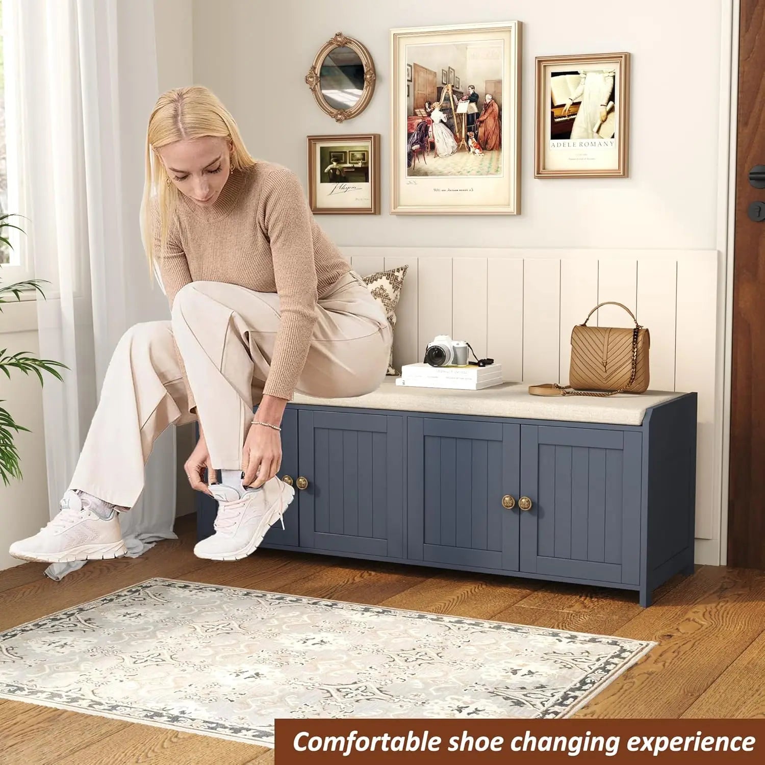 48.4" Shoe Storage Bench with Cushion, Entryway Bench with Paddded Seat, 2-Tier Shoe Cabinet Bench with Adjustable, Customized