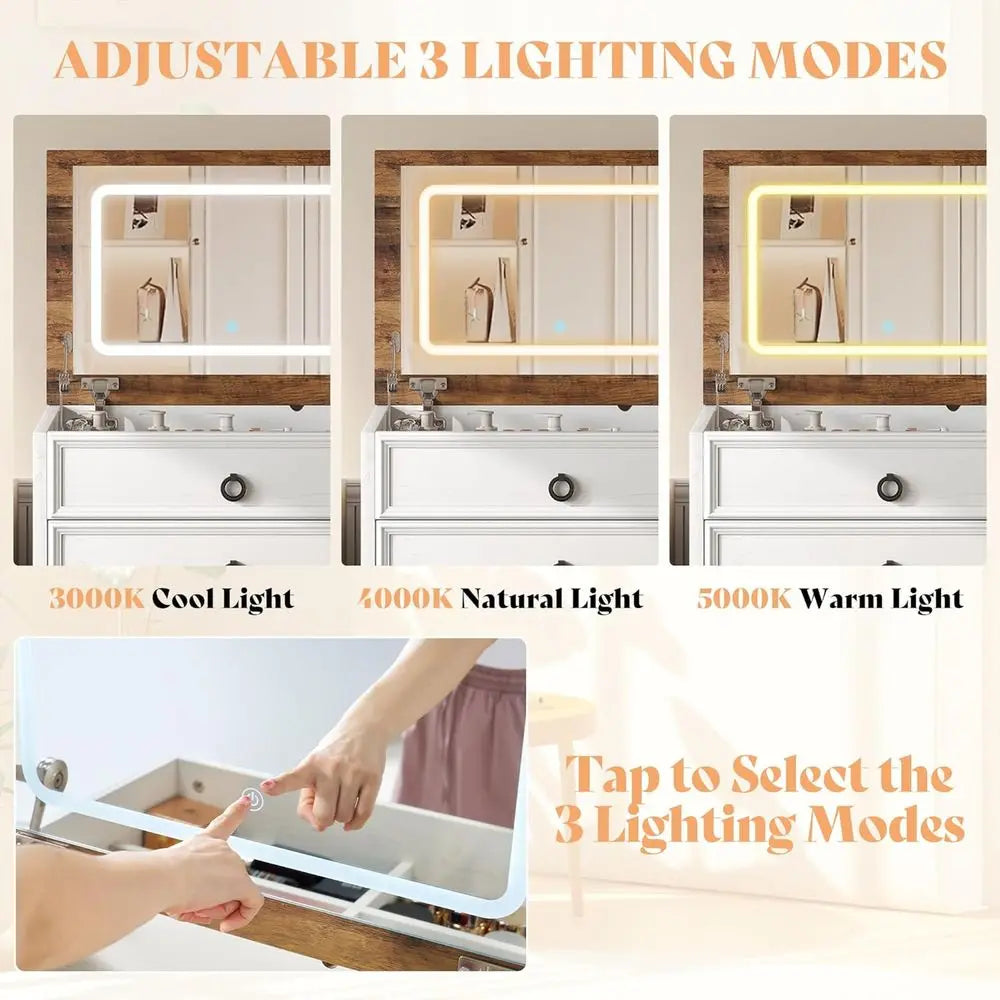 Compact 3-in-1 Makeup Vanity Desk with Mirror, Lights & Hidden Chair – White & Barnwood Finish
