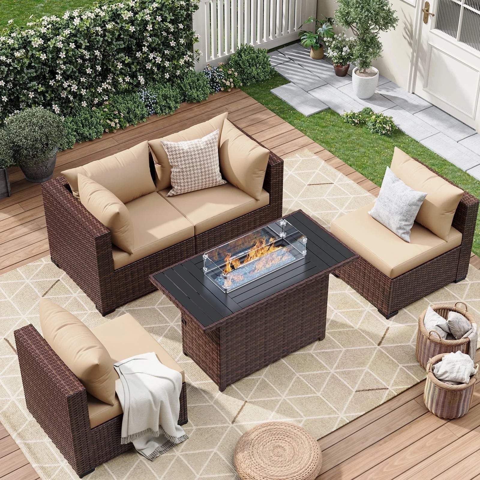 7 Pieces Patio Furniture Set All Weather Outdoor Sectional Sofa, Outdoor Modern Sectional Furniture Wicker Couch with Glass Coffee Table, Thicken Navy Blue Cushions, Water Resistant