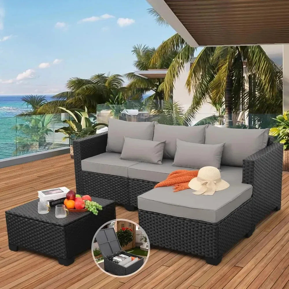 3 Pieces Modern Outdoor Sectional Patio Furniture Set – All-Weather Wicker Sofa with Ottoman & Storage Table
