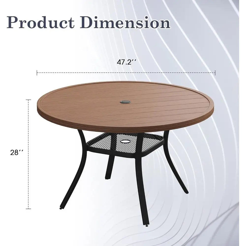 Round 6-Seater Outdoor Metal Patio Dining Table with Umbrella Hole, Walnut Finish