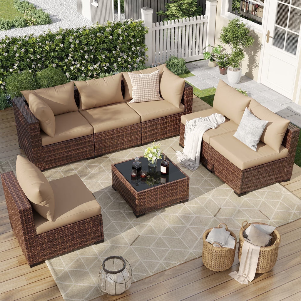 7 Pieces Patio Furniture Set All Weather Outdoor Sectional Sofa, Outdoor Modern Sectional Furniture Wicker Couch with Glass Coffee Table, Thicken Navy Blue Cushions, Water Resistant