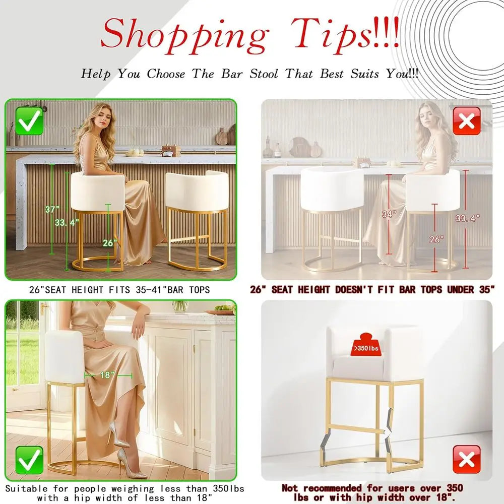 Counter Height Bar Stools Set of 4 – Beige White PU Leather Swivel Barrel Chairs with Gold Metal Legs, 26-Inch