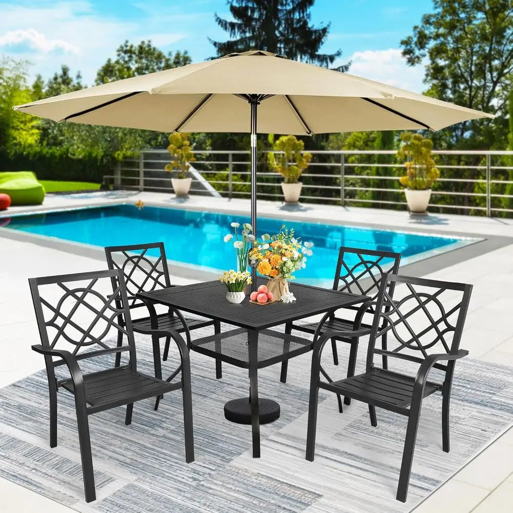 6-Piece Wrought Iron Outdoor Patio Dining Set | 4 Stackable Chairs & Steel Slat Table | Brown | Umbrella Hole