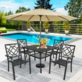 6-Piece Wrought Iron Outdoor Patio Dining Set | 4 Stackable Chairs & Steel Slat Table | Brown | Umbrella Hole