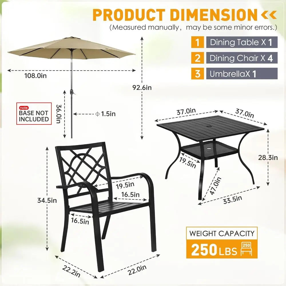 6-Piece Wrought Iron Outdoor Patio Dining Set | 4 Stackable Chairs & Steel Slat Table | Brown | Umbrella Hole