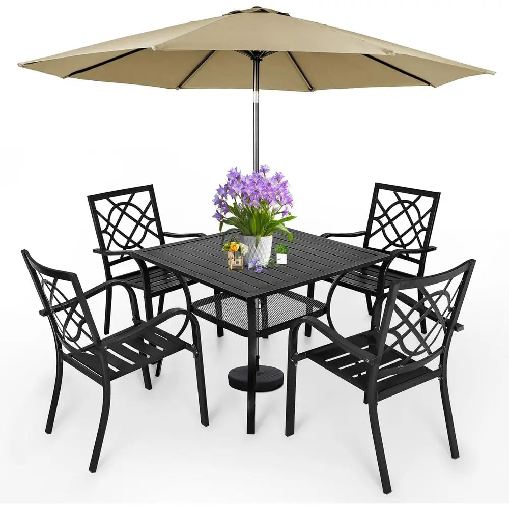 6-Piece Wrought Iron Outdoor Patio Dining Set | 4 Stackable Chairs & Steel Slat Table | Brown | Umbrella Hole