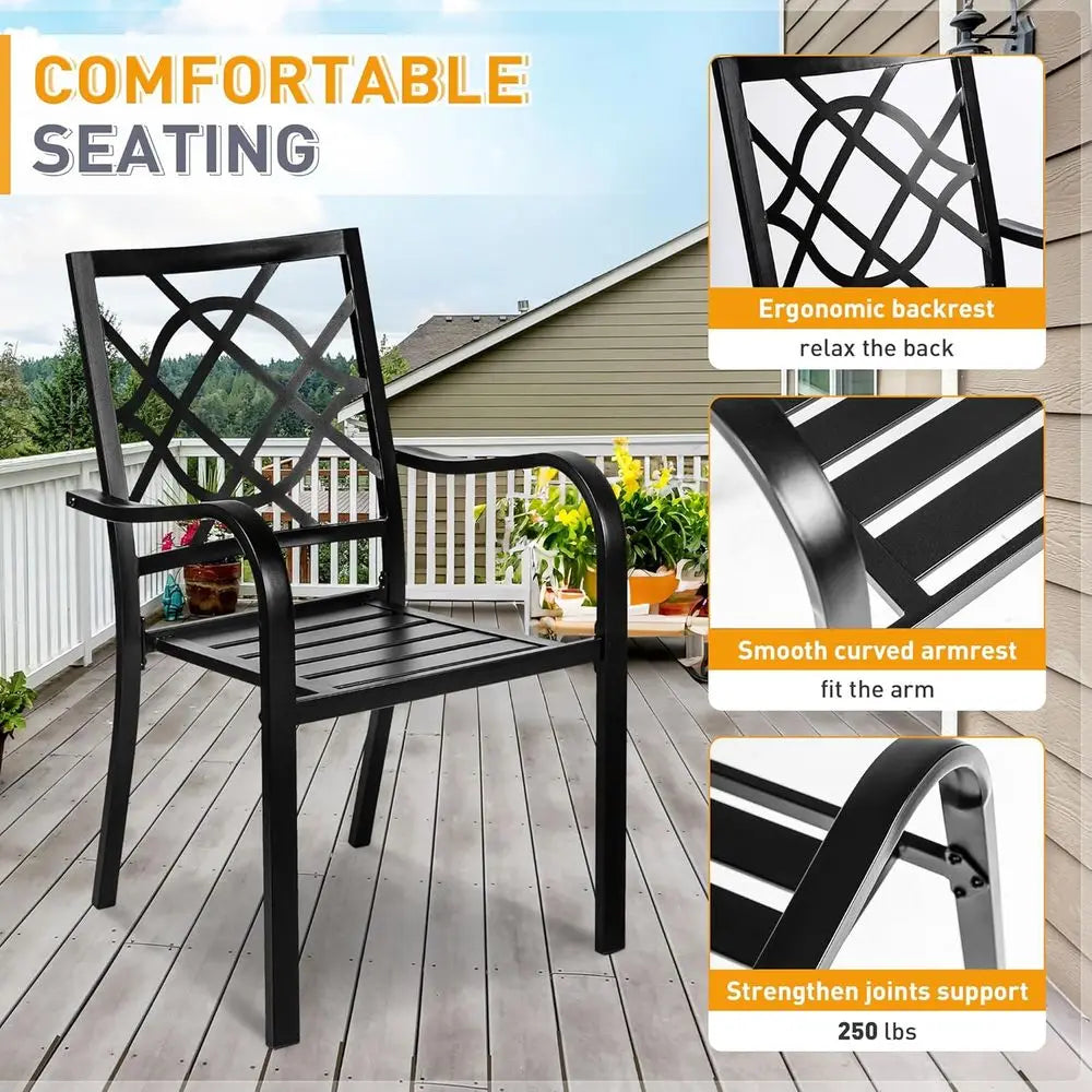 6-Piece Wrought Iron Outdoor Patio Dining Set | 4 Stackable Chairs & Steel Slat Table | Brown | Umbrella Hole