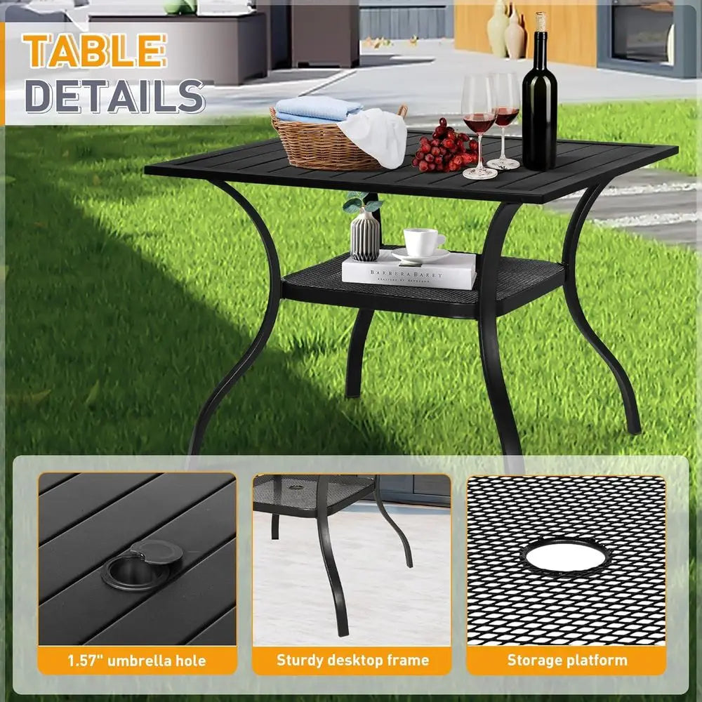 6-Piece Wrought Iron Outdoor Patio Dining Set | 4 Stackable Chairs & Steel Slat Table | Brown | Umbrella Hole