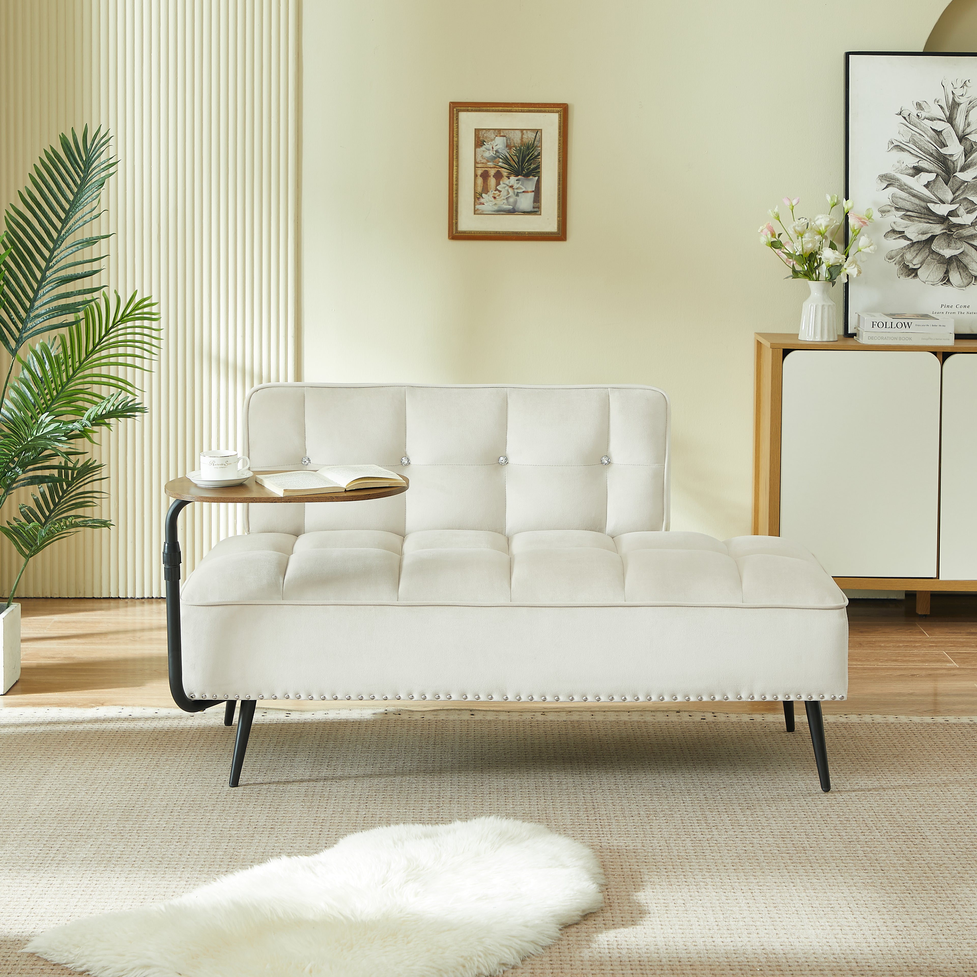 54-Inch Modern Two-Seater Velvet Sofa with Backrest & 360 Rotating Side Table - Includes Bench and Ottoman, Plush Cushions, Space-Saving Design for Living Room, Bedroom, Apartment Beige