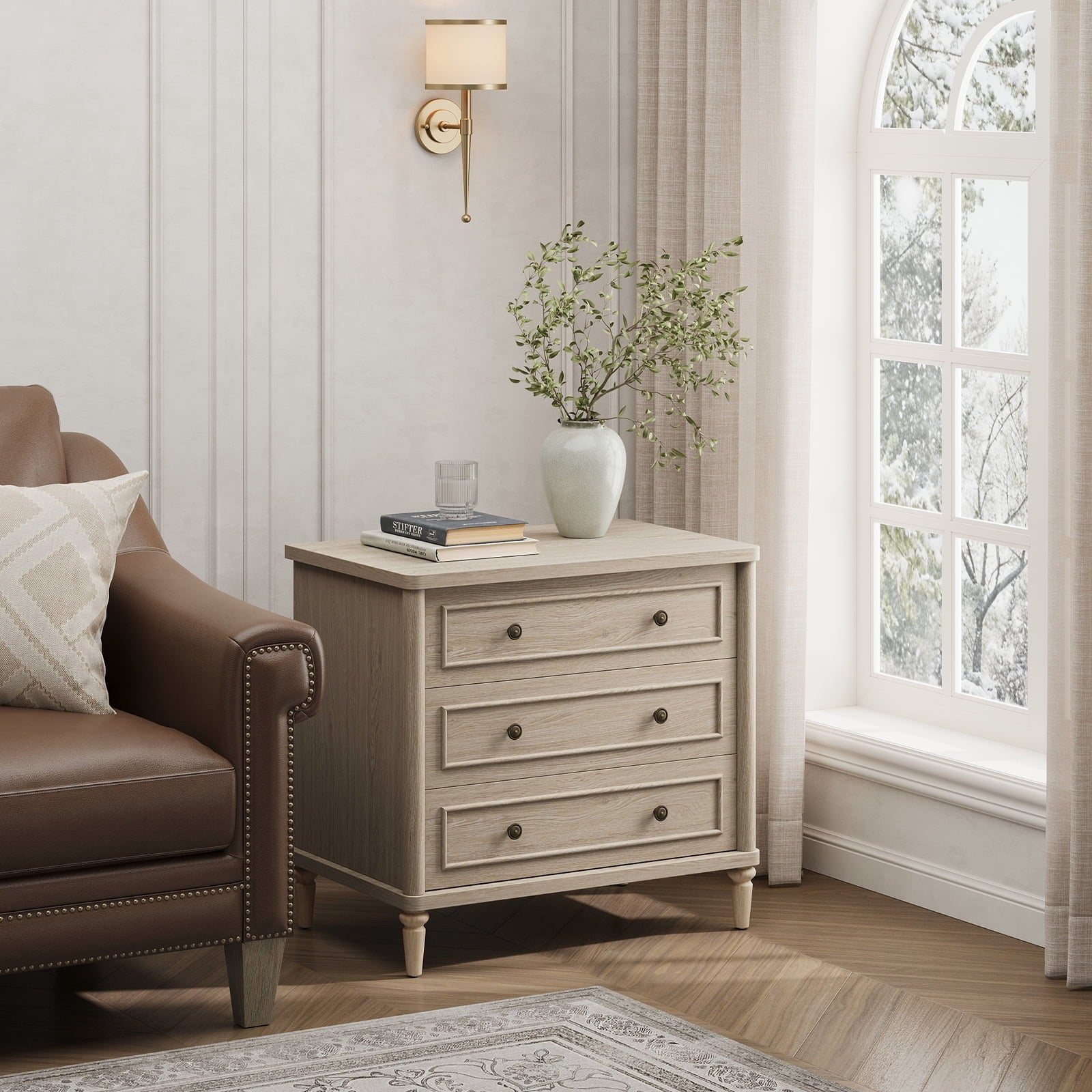 Farmhouse Nightstand Set of 2 with 3 Drawers, Wood Bedside Table Night Stand with Charging Station, Sofa Side End Table for Bedroom, Living Room, Oak