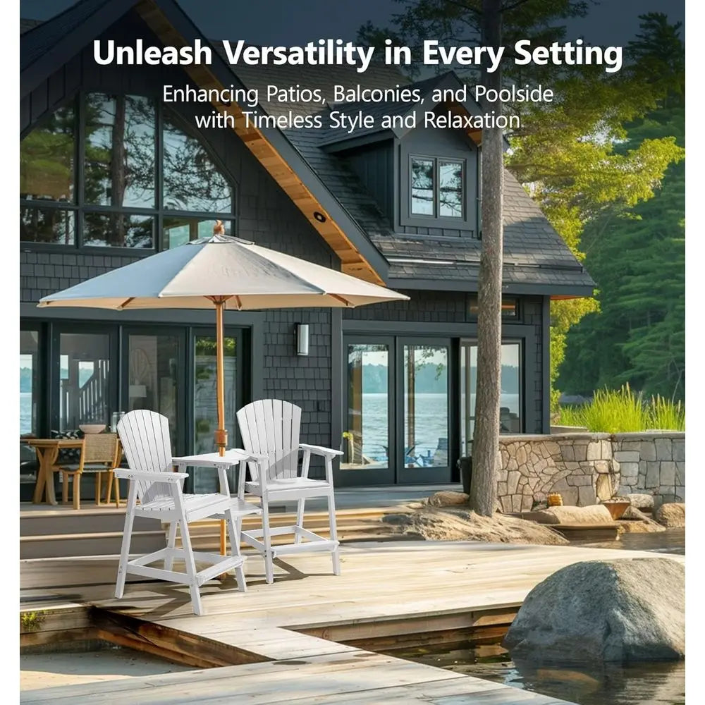 Set of 2 White Bar Height Outdoor Patio Chairs with Double Tray, Weather-Resistant for Balcony or Garden