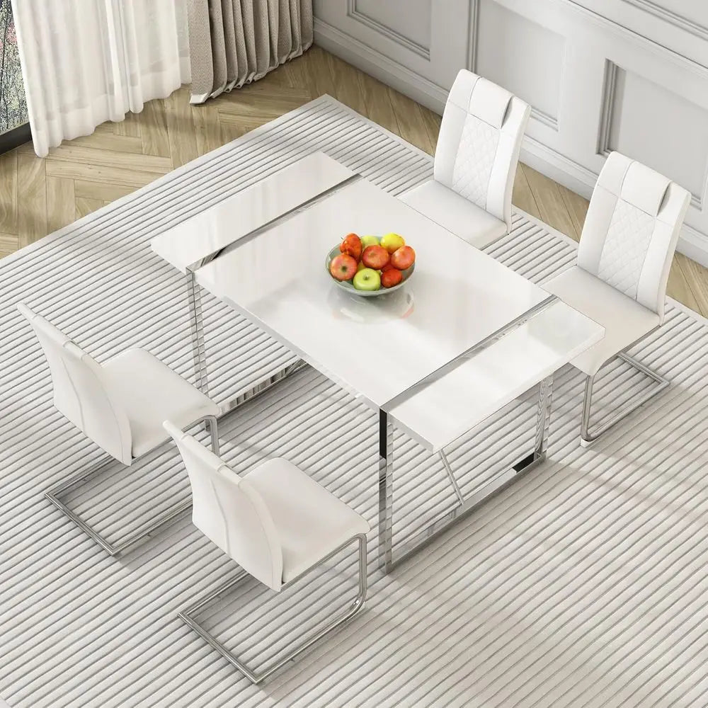 White 5-Piece Dining Table Set with PU Leather Chairs for Kitchen & Dining Room