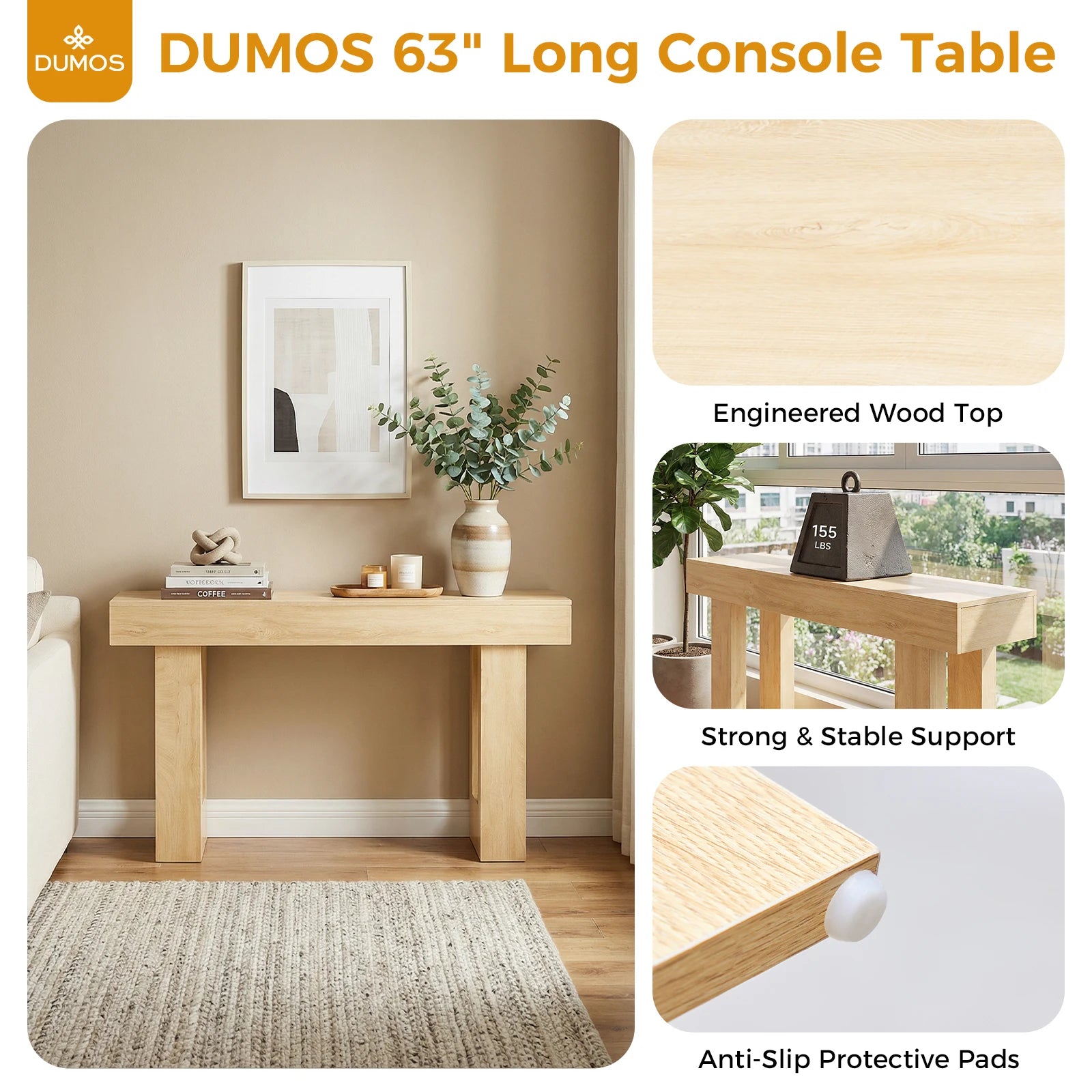 Farmhouse Console Table – 63 Inch Wooden Entryway & Sofa Table