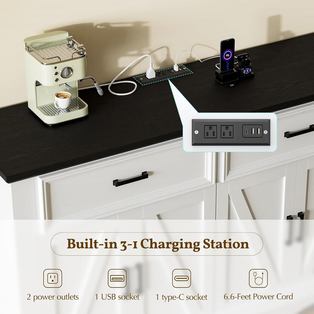 Buffet Cabinet with Drawers, 56" Large Sideboard Buffet Storage Cabinet with Shelves and Doors, Wave Base Design, Multi-Purpose Buffet Table with Charging Station for Living Room,Dining Room,White
