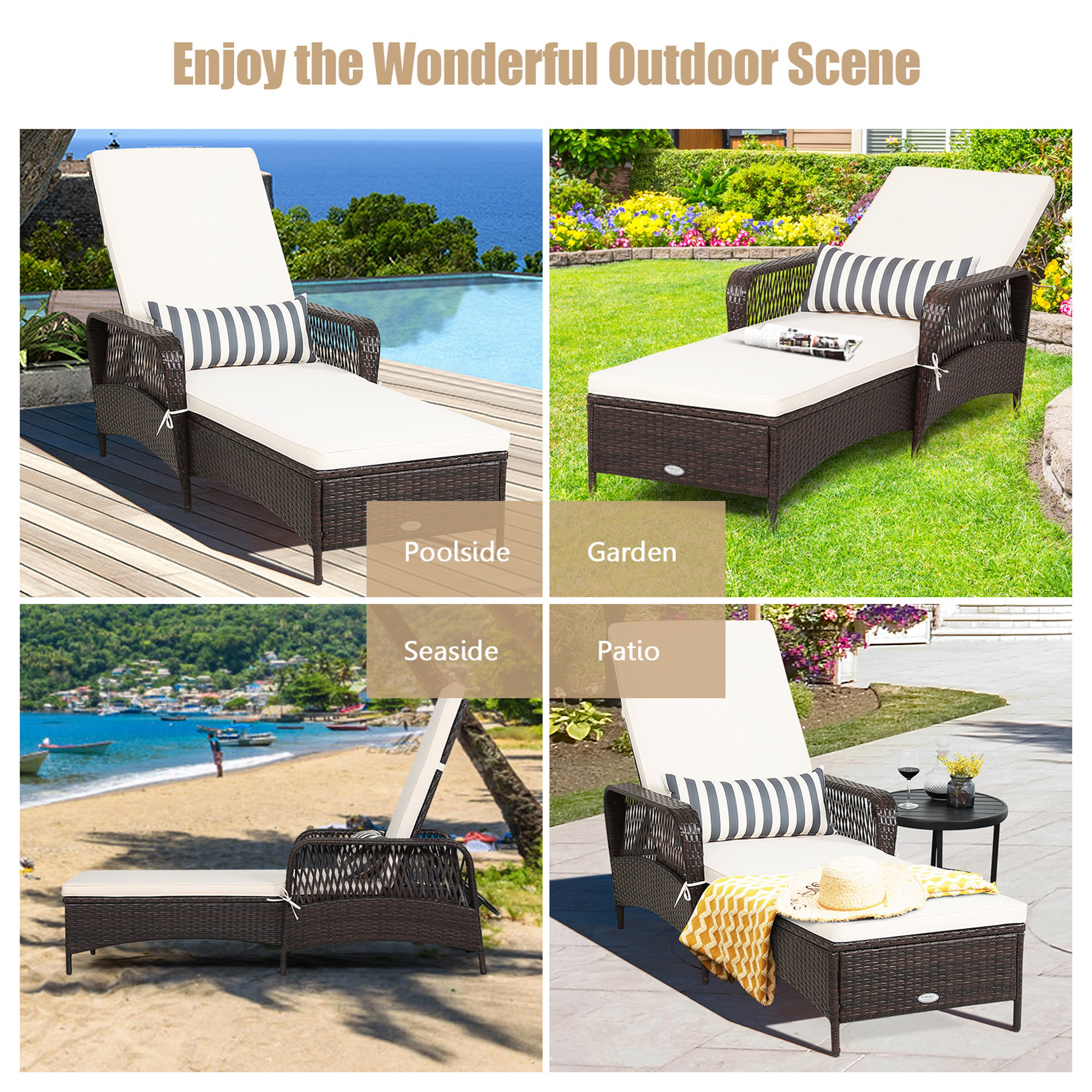 Rattan Patio Lounge Chair Chaise W/ Adjustable Backrest Cushion & Pillow