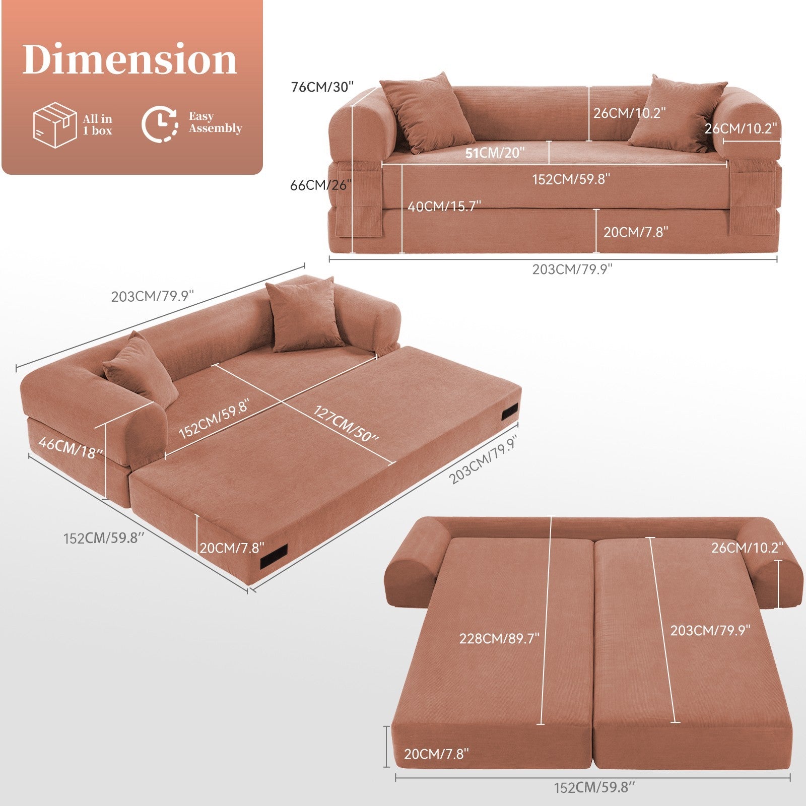 80" Queen Convertible Sofa Bed, No Assembly Modern Boneless Couch Sofa in Box