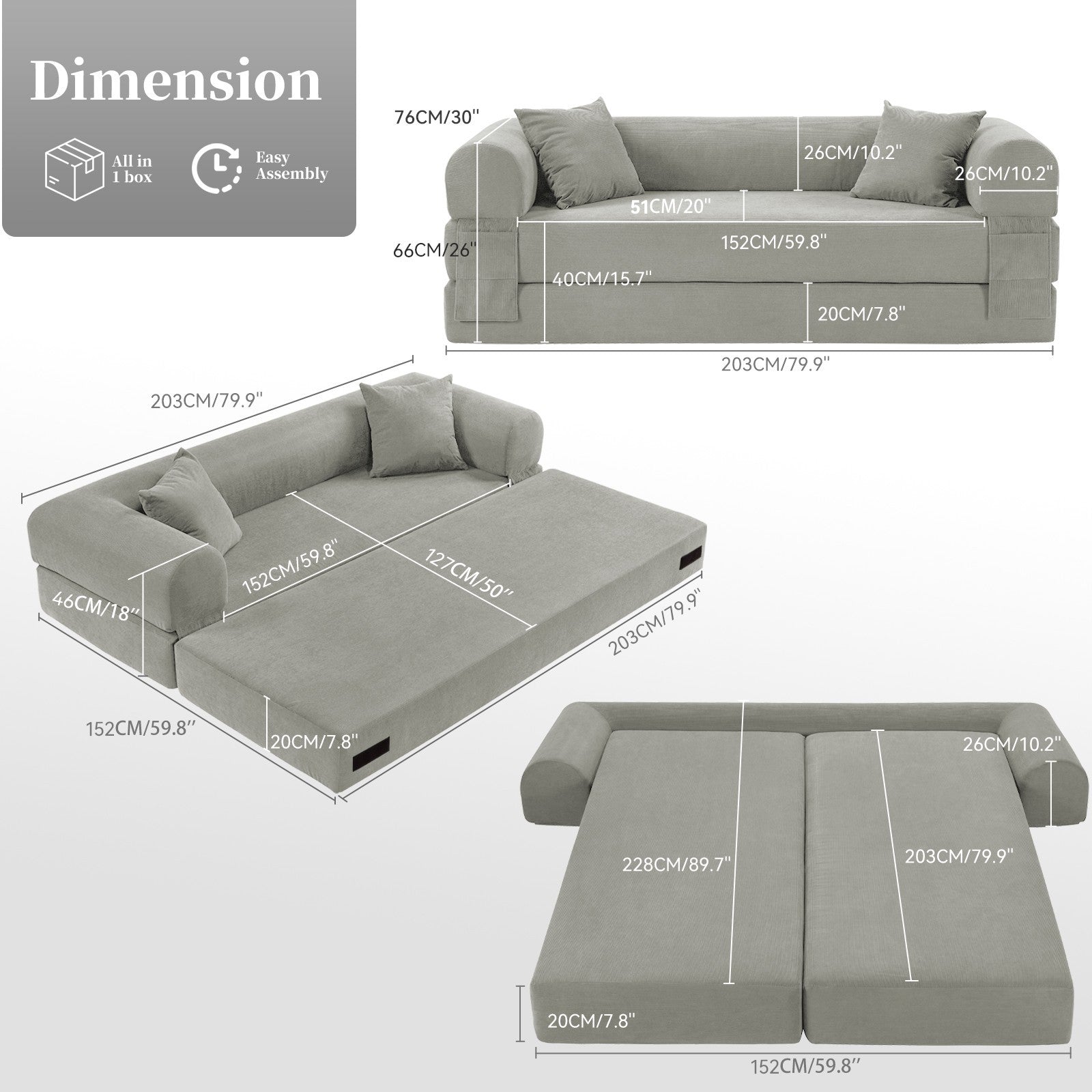 80" Queen Convertible Sofa Bed, No Assembly Modern Boneless Couch Sofa in Box