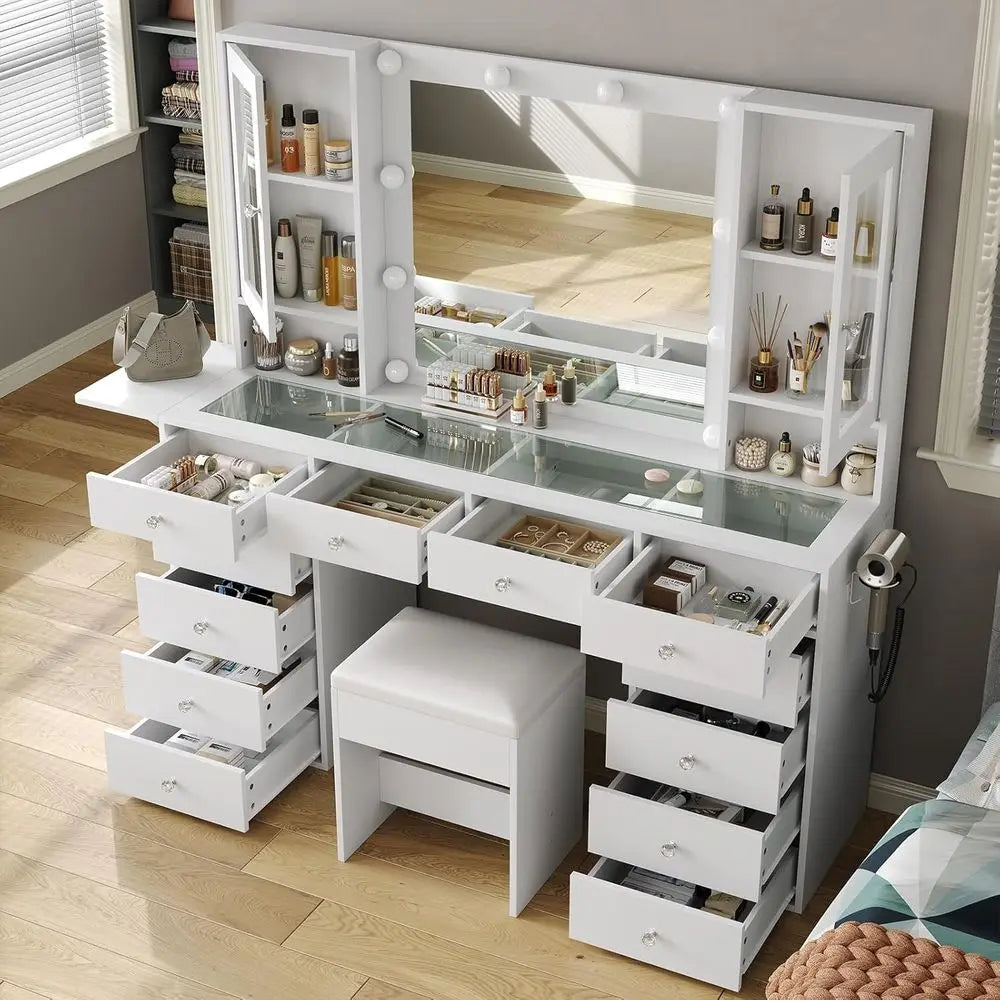 Illuminated Vanity Desk with Mirror, Power Outlet, 12 Drawers, 2 Cabinets, and Chair for Bedroom in White