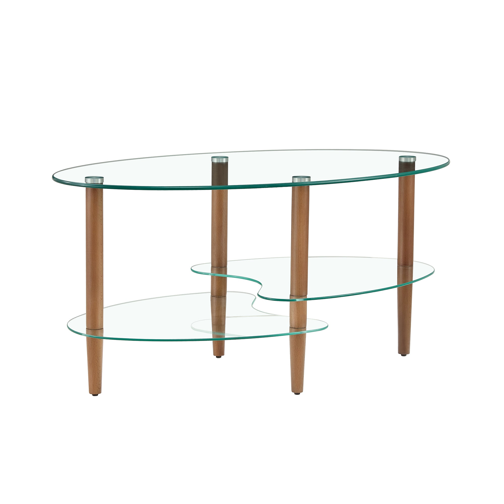 Transparent Oval Glass Coffee Table, Modern Living Room Table, Oak Leg Coffee Table, Three-Layer Glass Table