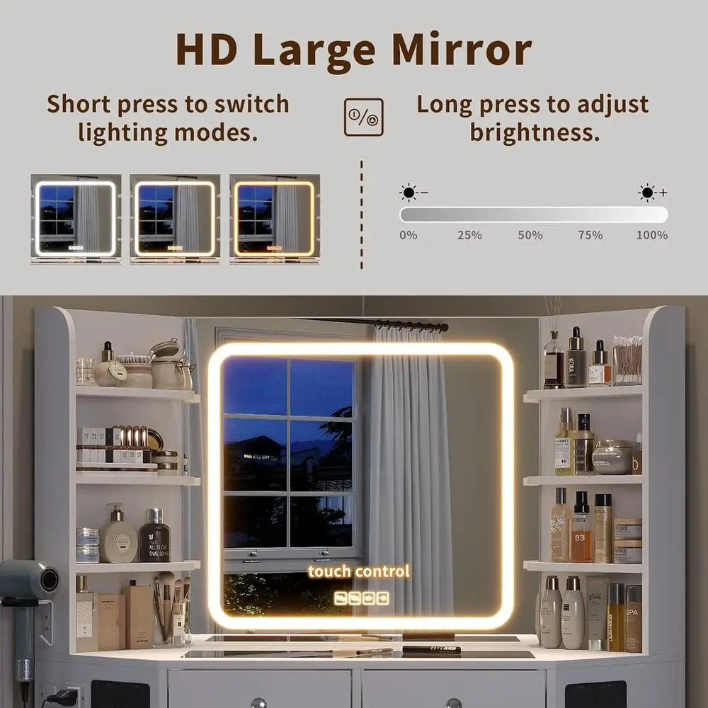 White Makeup Vanity Desk with Built-In Speaker, 8 Drawers, Glass Top & 3-Color LED Lighting