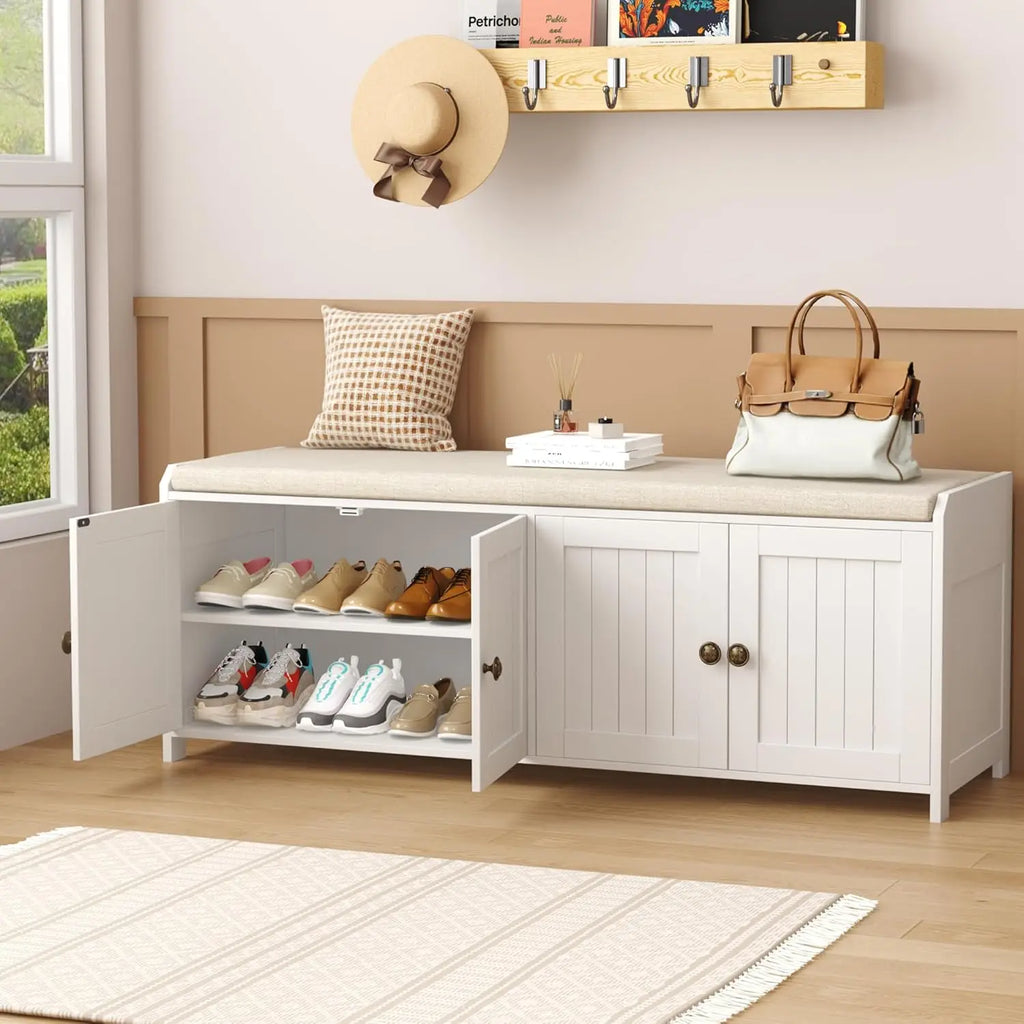 48.4" Shoe Storage Bench with Cushion, Entryway Bench with Paddded Seat, 2-Tier Shoe Cabinet Bench with Adjustable, Customized