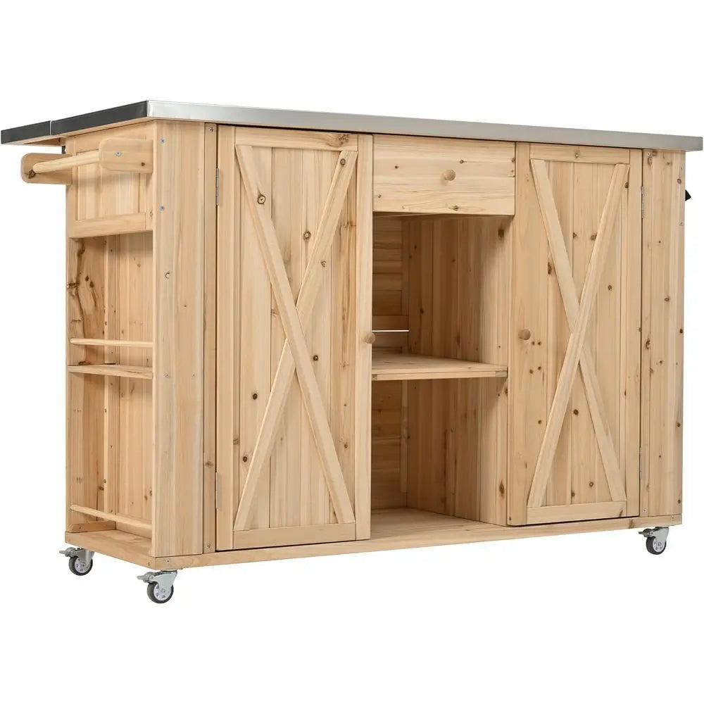 Outdoor Grill Cart with Stainless Steel Top, Patio Kitchen Island Storage Cabinet, BBQ Bar