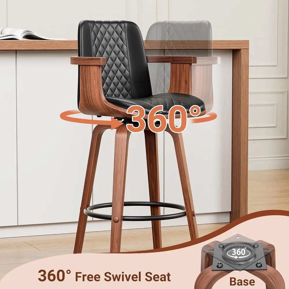 26" Swivel PU Leather Bar Stools with Wooden Arms – Set of 6 Modern Counter Height Chairs, Black