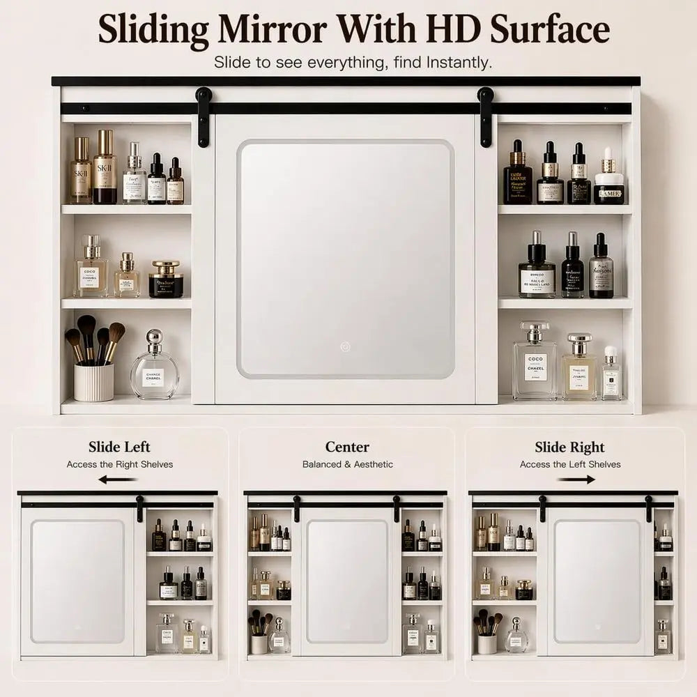 Adjustable Makeup Vanity Desk with Sliding Mirror, Glass Top & 7 Drawers – White