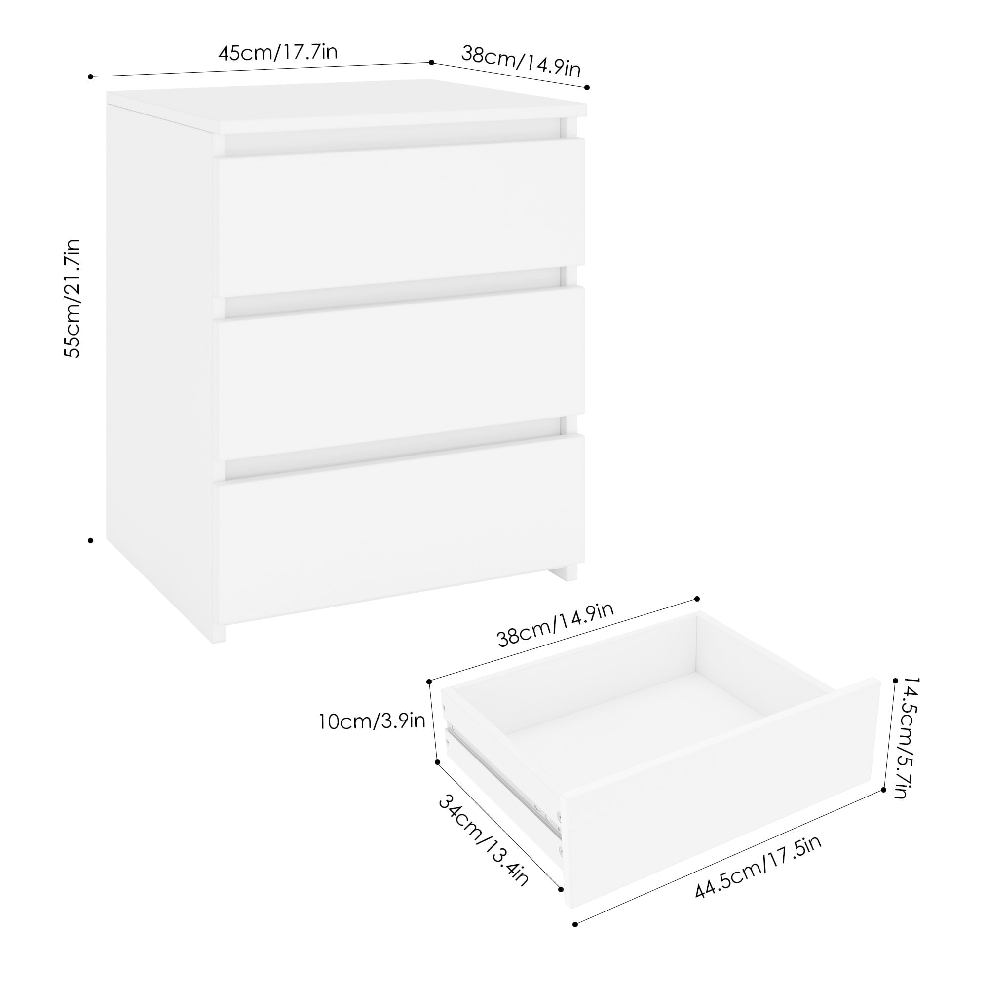 White Nightstand with 3 Drawers Set of 2, Sofa Table for Living Room, Modern Wooden Storage Cabinet for Bedroom