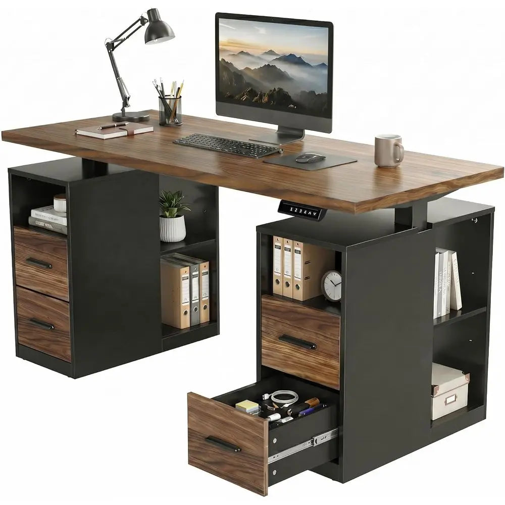 55" Electric Height-Adjustable Standing Desk with Storage & LED Strip – Black Walnut