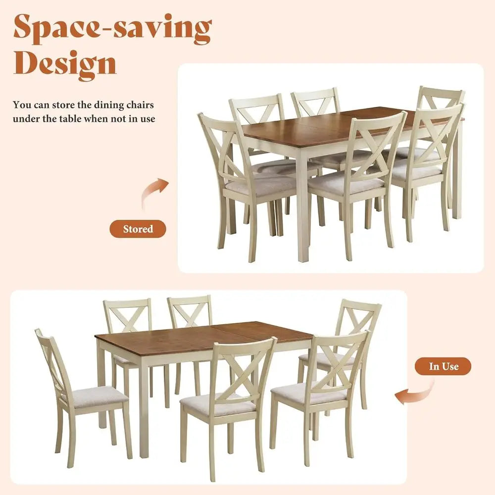 Solid Wood 7-Piece Dining Set with 6 Upholstered Chairs – 60-Inch Rustic Cream Farmhouse Dining Table Set