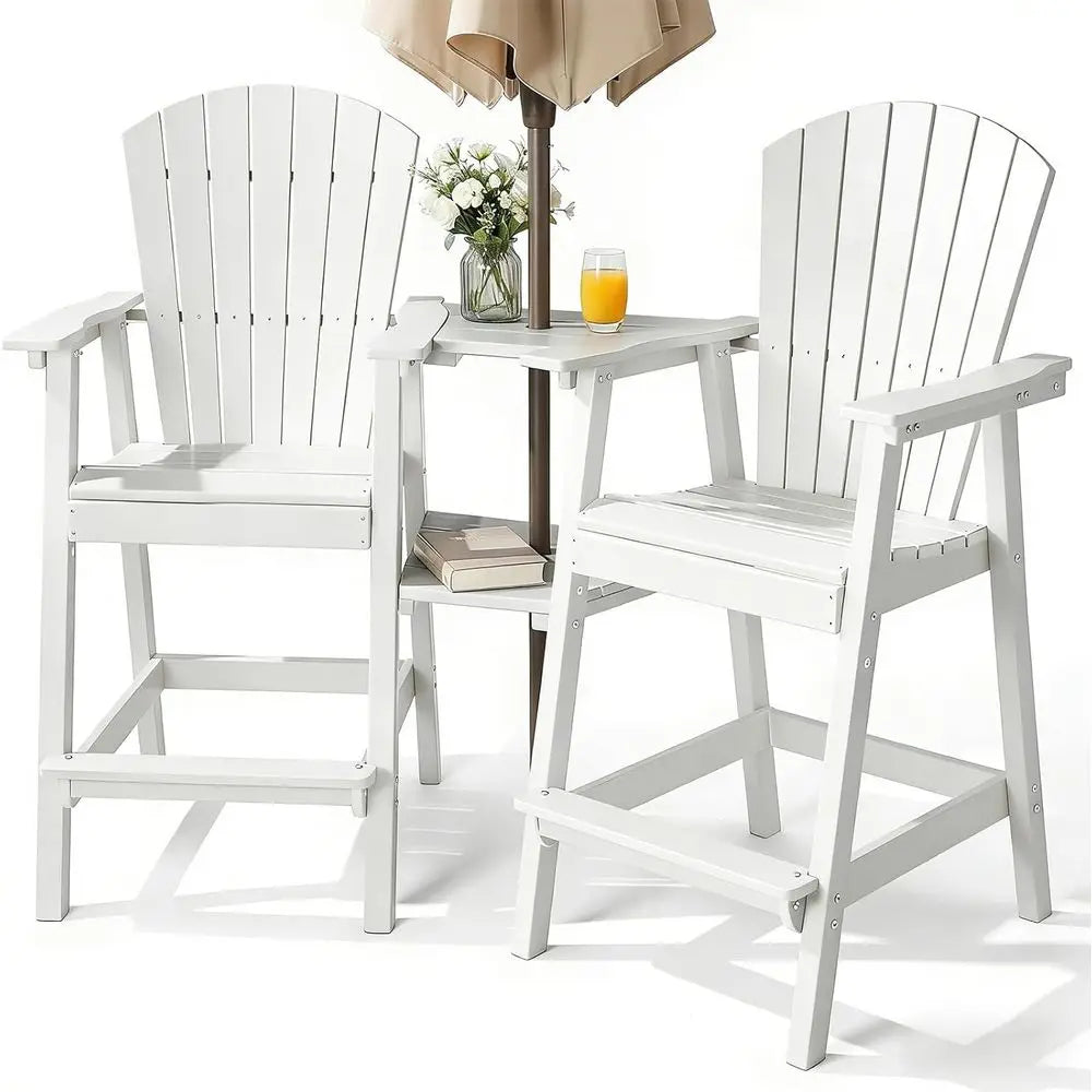 Set of 2 White Bar Height Outdoor Patio Chairs with Double Tray, Weather-Resistant for Balcony or Garden