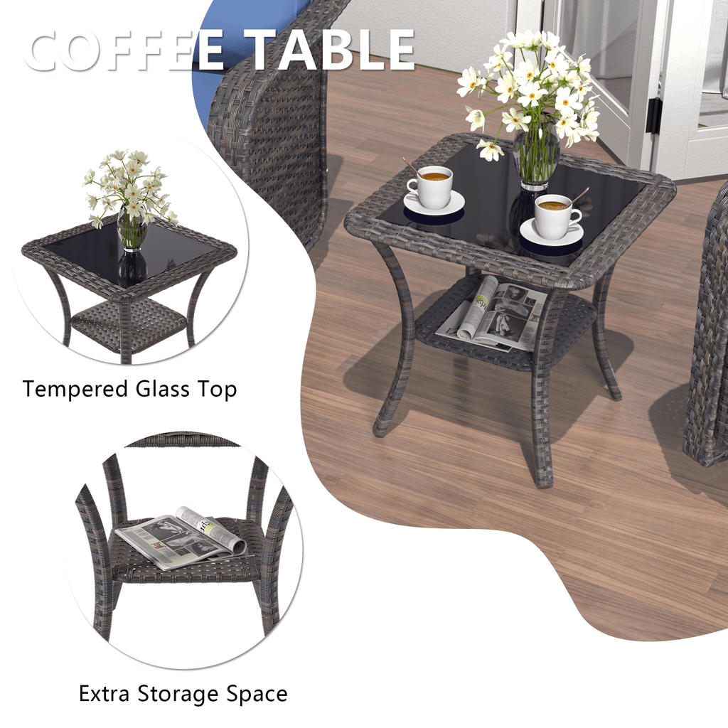 3-Piece Rattan Rockers , Wicker Swivel Rocking Chair Set with Glass Top Coffee Table, 360° Rotation (Navy Blue)