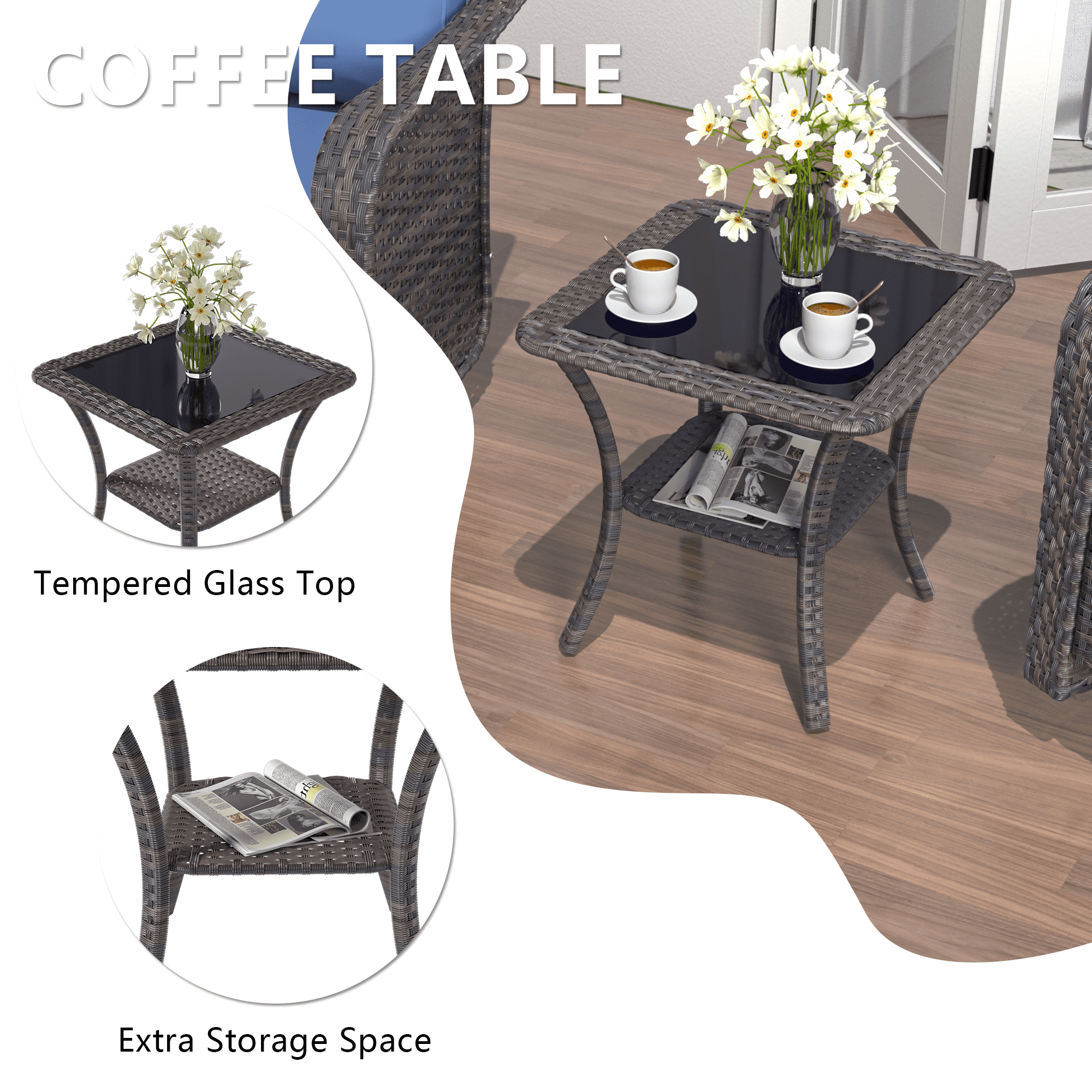 3-Piece Rattan Rockers , Wicker Swivel Rocking Chair Set with Glass Top Coffee Table, 360° Rotation (Navy Blue)