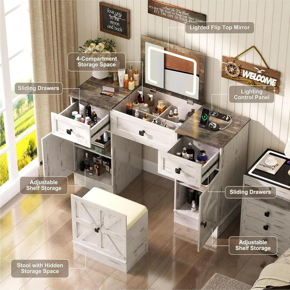 3-In-1 Vanity Desk with LED Mirror, Charging Station & Storage – Antique White