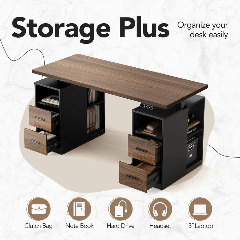 55" Electric Height-Adjustable Standing Desk with Storage & LED Strip – Black Walnut