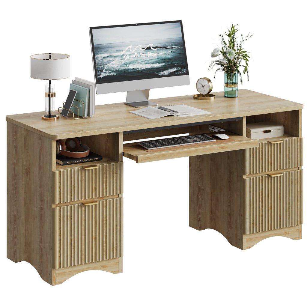59" Home Office Computer Desk with Keyboard Tray and Storage Drawers, Modern Executive Desk for Writing Reading, Oak