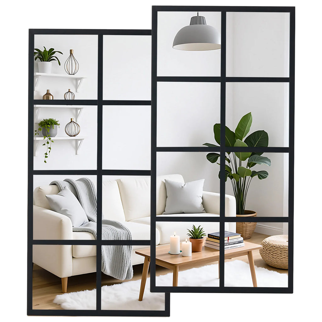16" X 32" Set of 2 Standing Hanging Modern Window Pane Wall Mirror – Metal Framed Decorative Mirror