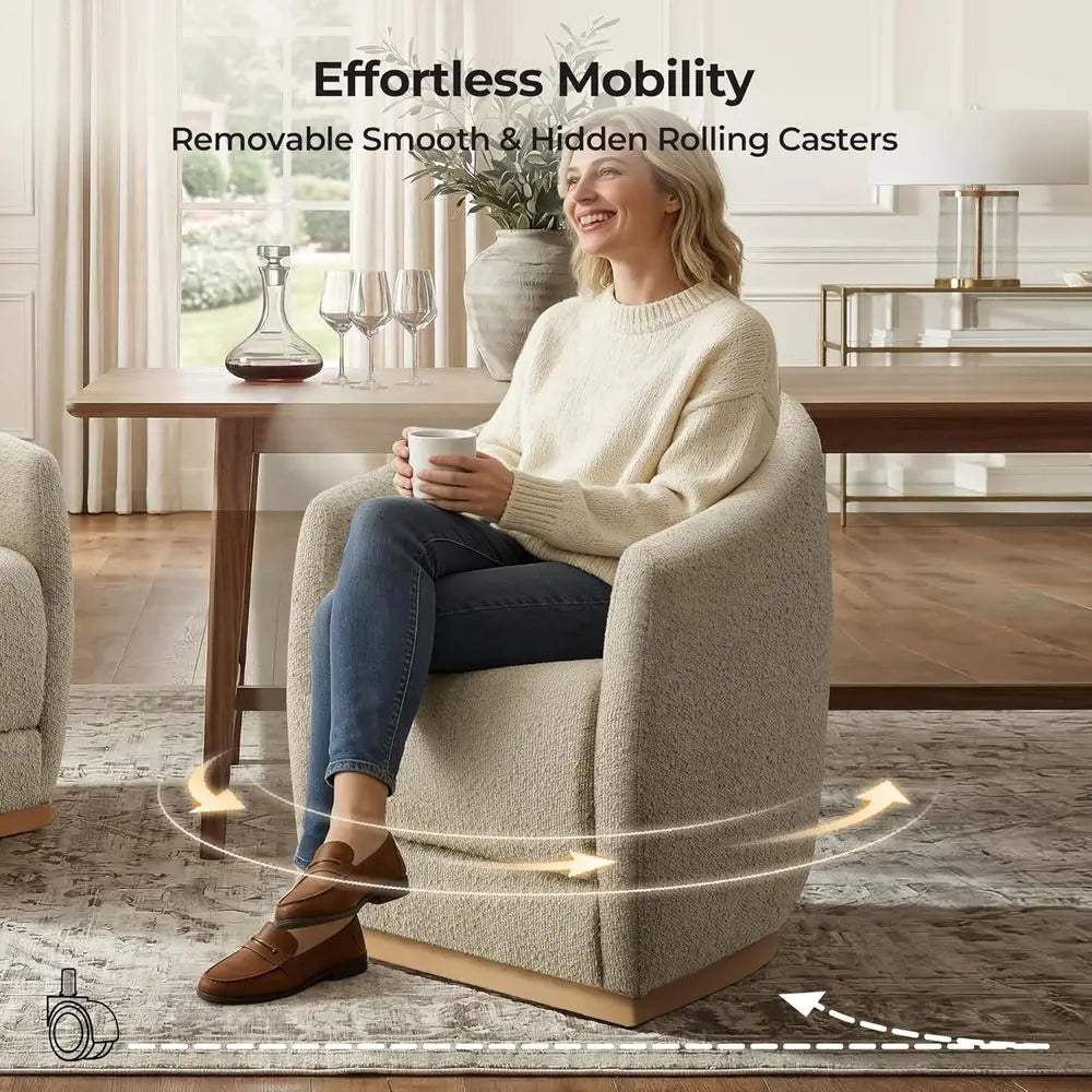 Rolling Upholstered Dining Chairs Set of 2 with Casters – Oatmeal Bouclé